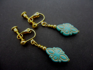 Authentic A PAIR OF TURQUOISE BLUE GOLD PLATED DANGLY SCREW BACK CLIP ON EARRINGS. .