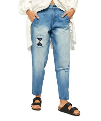 Free People Barrel Patch Work Jeans 28 blau tapered leg Down To Earth Mom