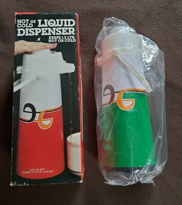 Vintage 70s Hot or Cold Liquid Dispenser Green & White Pump Button Easy Carry