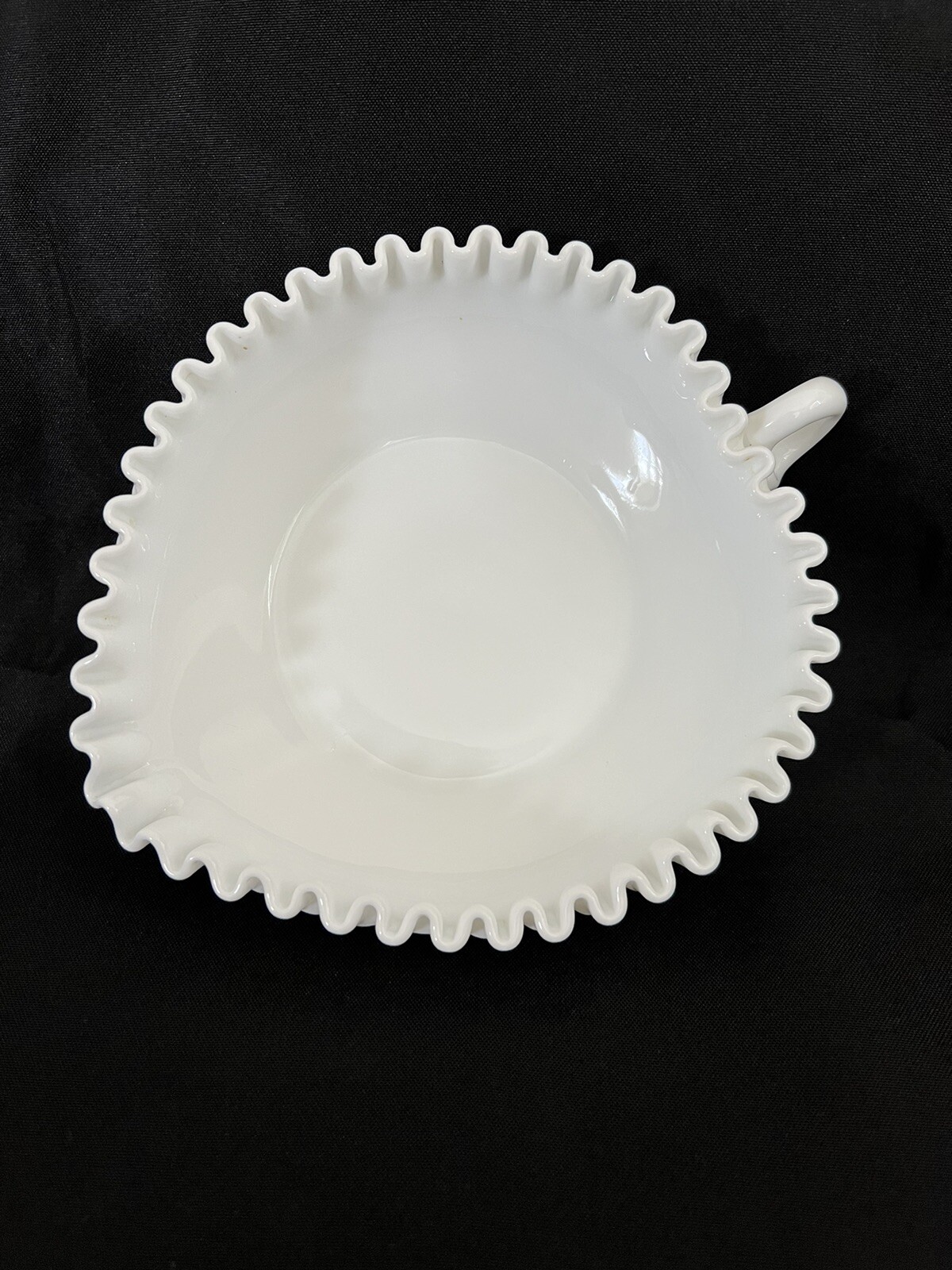 Vintage Fenton Milk Glass Hobnail Heart Dish with Ruffled Edge and Loop Handle  