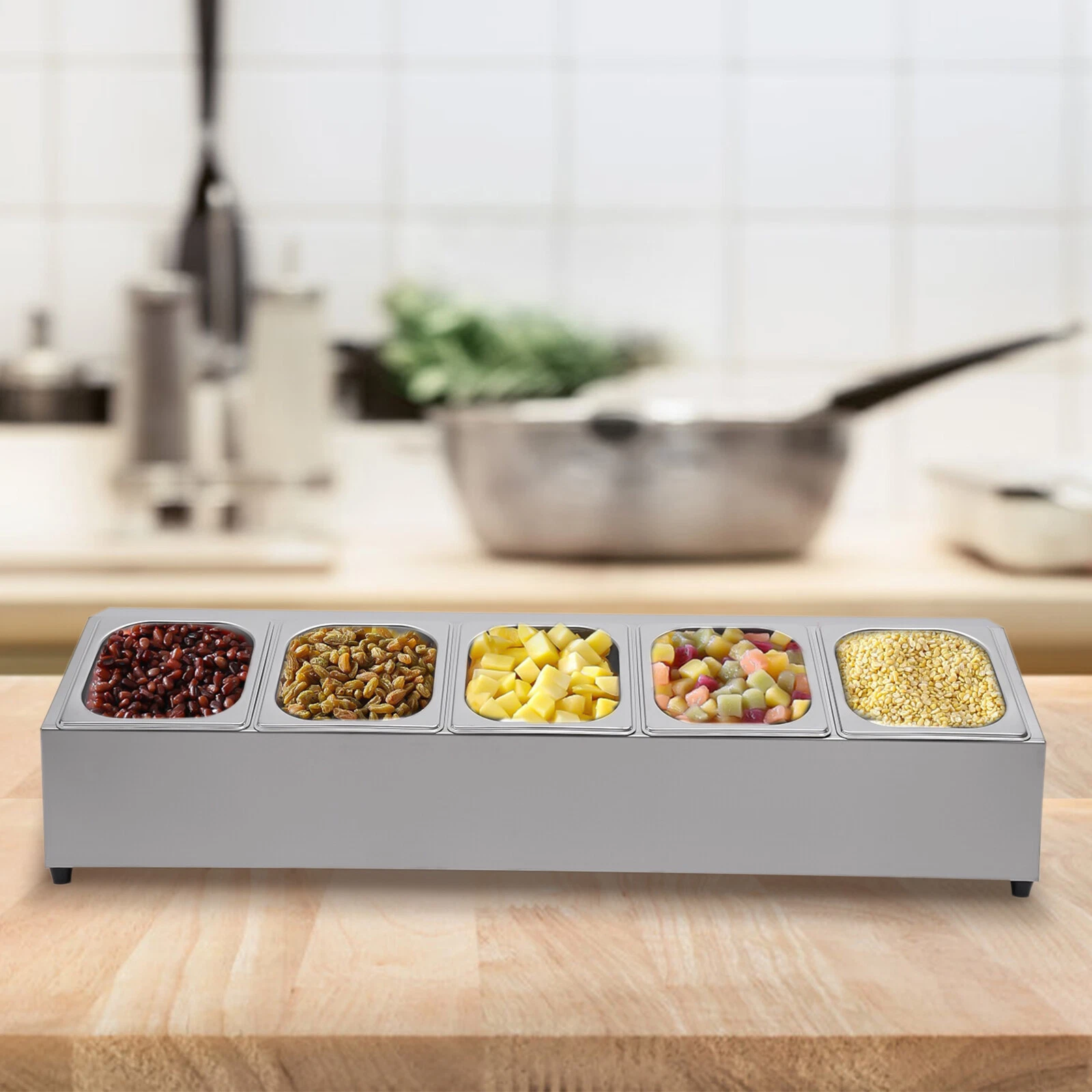 Spice Rack Shelf, One Row, Stainless Steel Organizer Stand with 5 Pans & 5 Lids