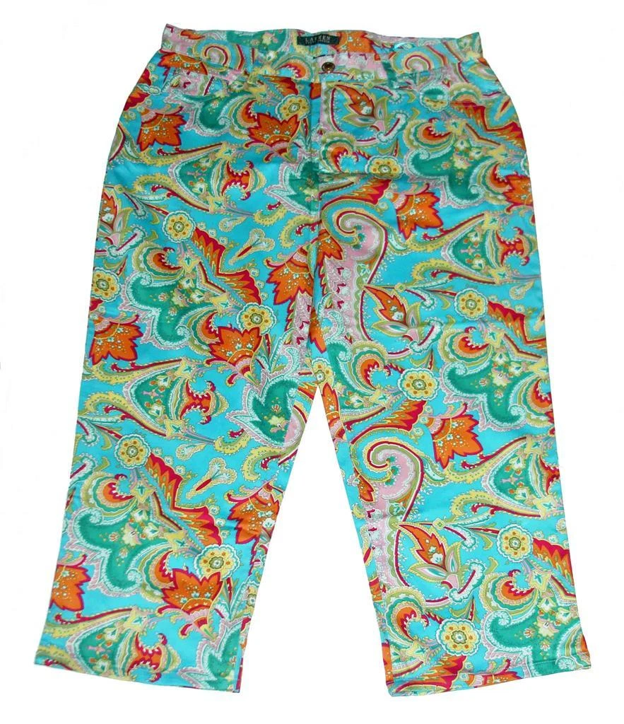 Ralph Lauren Turquoise Jacobean Paisley Stretch Capri Pants Wm's 10 (run large)