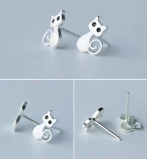 925 Sterling silver cute cat kitty animal stud earrings Gift box party S4