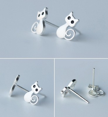 925 Sterling silver cute cat kitty animal stud earrings Gift box party S4