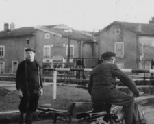 Drawbridge Men Bicycles Village Candid Street Scene Rural France 1940s Life
