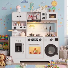 Wooden Kids Play Kitchen Playset Pretend Play Set w/ Real Lights Sounds