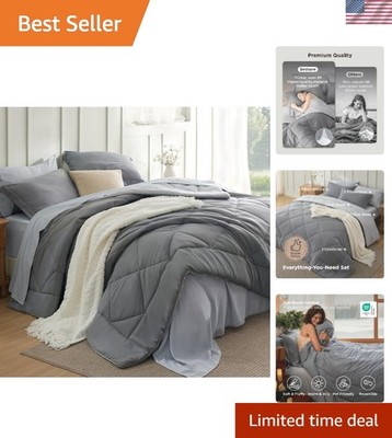 Luxurious 7-Piece Reversible Queen Comforter Set - Soft Grey Bedding Bundle