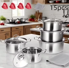 15 Piece Stainless Steel Pot Set Induction Stovetop Soup Stew Wok Cookware