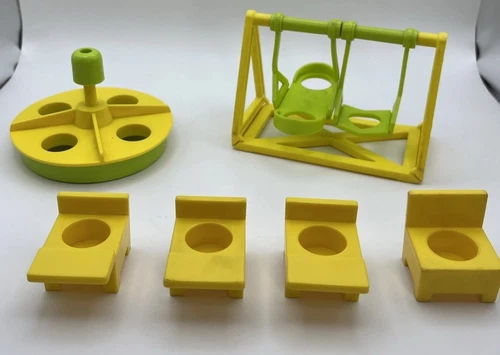 Vintage Fischer Price Little People Swingset,  Merry Go Round, & School Desks