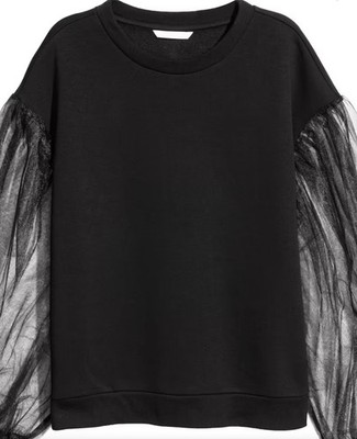H&M Sweatshirt Womenswear- Black With Sheer Tulle  Balloon Sleeves size XL