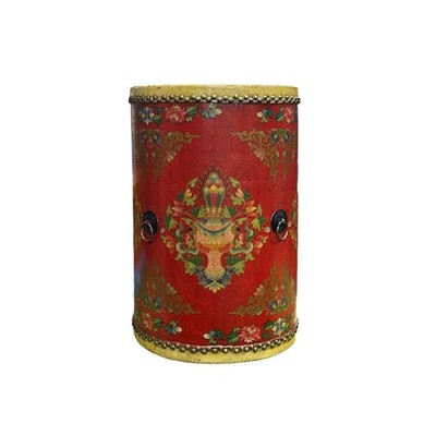 Distressed Red Lotus Tibetan Style Jewel Tower Graphic Round Drum Table ws4984