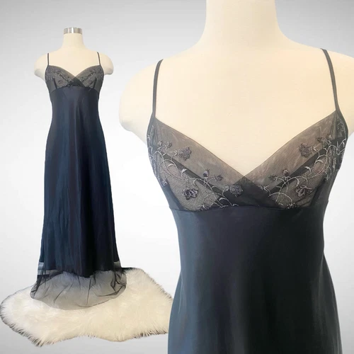 UNDERCOVER Y2K Victoria’s Secret Vestito Maxi Abito Slip Raso Setoso Nero Trasparente Micro Rete L