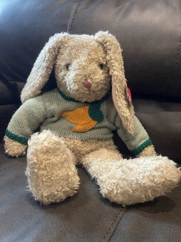 Vtg 1991 TY Curly Brown Bunny Rabbit Plush 16" Carrots Green Sweater Tags