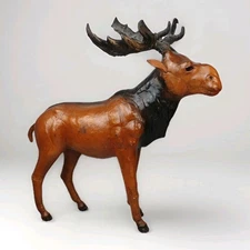 Vintage Handmade Brown  Leather Moose 14" x 15" Inch Figurine Figure