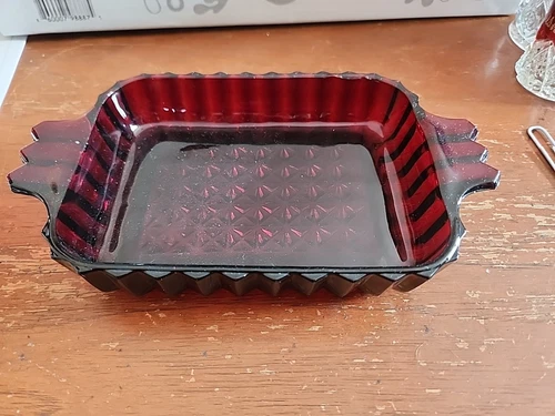 Vintage Ruby Red Glass Relish Dish Anchor Hocking Starburst Candy Nut Handles