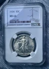 1934- Walking Liberty NGC MS 63-Silver Half Dollar. Nice Strike. Lustrous.