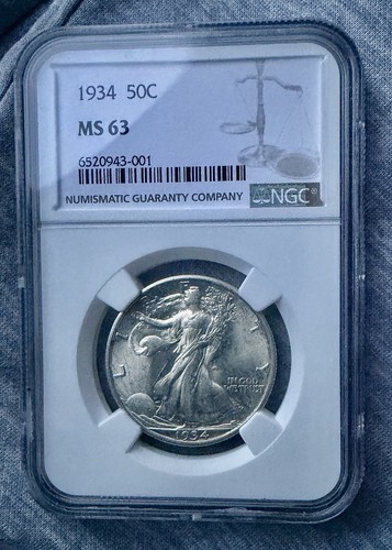 1934- Walking Liberty NGC MS 63-Silver Half Dollar. Nice Strike. Lustrous.