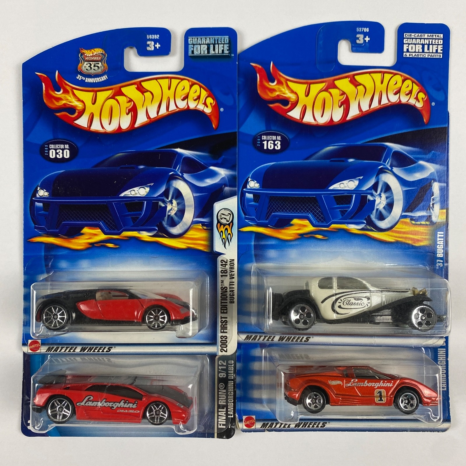 Hot Wheels Bugatti Lamborghini Bundle Lot of 4 Veyron '37 Countach Diablo