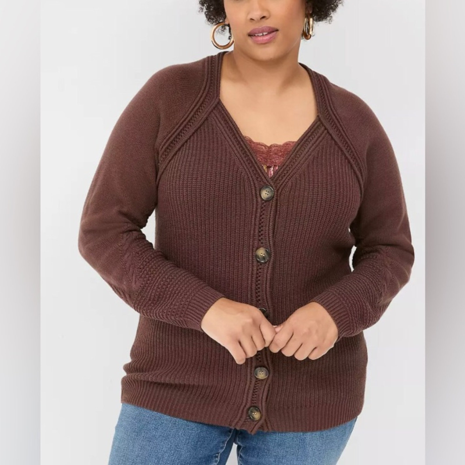 NWT Lane Bryant Brown V-Neck Button-Front Cardigan Size 22/24 Spring Knit