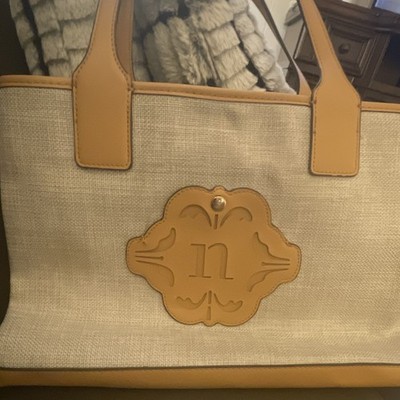 Nanette Lepore Beige Tan Logo Tote Bag Zip Top Double Handles Lined Pockets