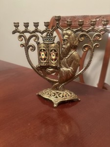VINTAGE WAINBERG SOLID BRASS CROWN CHANUKAH MENORAH MADE IN ISRAEL