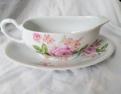 Rare Limoges France du Lys Royal Authentique Porcelaine Vtg Rose Gravy Boat Set