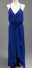 Bebe Women’s Vintage Blue Chiffon Sheer V-neck Draped Hi-Lo Beaded Maxi Dress M