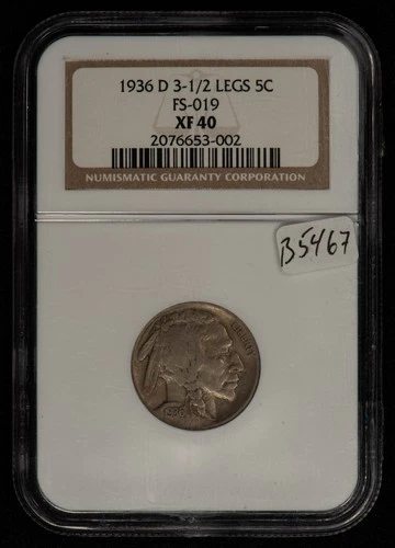 1936-D 5c Indian Head Buffalo Nickel - 3 1/2 Legs FS-019 - NGC XF 40 - SKU-B5467
