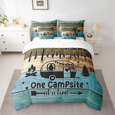 Camper Queen Size Comforter Set with Sheets Happy Camping 7 Pieces Bedding Se...