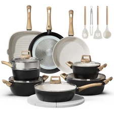 24 Pcs Pots and Pans Set Non Stick Ceramic Cookware Set with 3 Stockpots, Whi...