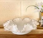 Fenton Silver Crest Milk Glass Trinket Candy Dish Ruffled Edge 8” D Vintage