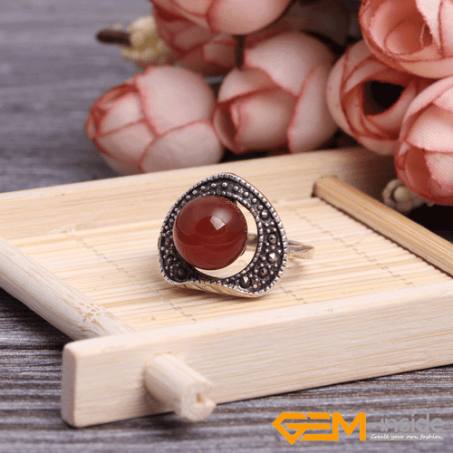 Natural Gemstone Charms Rings Jewelry Tibetan Silver Marcasite Women Gift 6#-8# - Picture 32 of 43