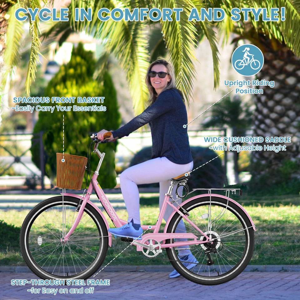 MOPHOTO Beach Cruiser Bike 24 inch Pink Commuter Bicycle for Women 7-Speed &Lock - Image 3 of 4