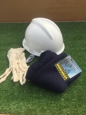MSA WHITE PPE SAFETY HELMET / HARD HAT WITH THERMAL SOCKS AND A PAIR OF GLOVES 