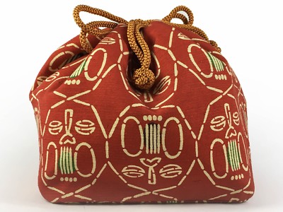 VTG Japanese Kinchaku Draw-String Bag Red Mingie Print Rough-Woven