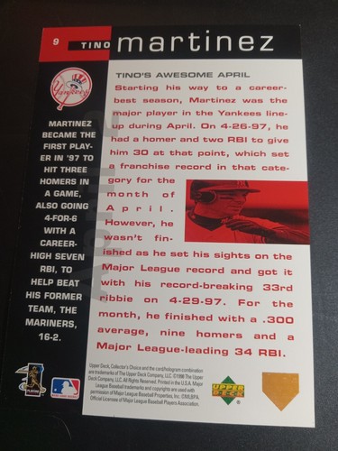 98 UD Collector's Choice - Cover Glory Tino Martinez #9 JUMBO BOX TOPPER - Picture 2 of 2