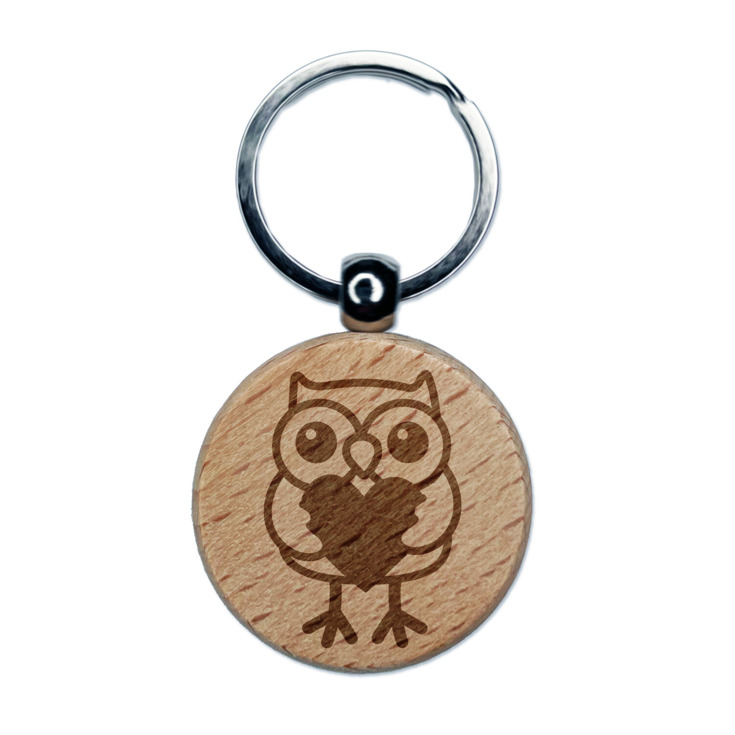 Owl Holding Heart Engraved Wood Round Keychain Tag Charm