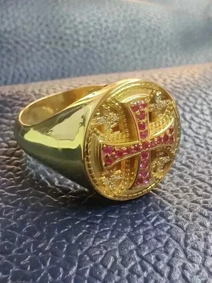 Lab Created Ruby 1.5Ct Round Jerusalem Cross Wedding Ring 14K Yellow Gold Plated - Image 2 of 4