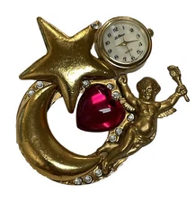 HANDMADE GOLD TONE WATCH BROOCH CHERUB VICTORY ANGEL TORCH MOON STAR RED HEART