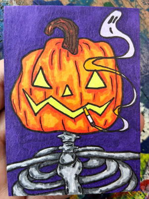ACEO Original Art Jack O Lantern Skeleton Smoking Ghost Spooky Pumpkin Head