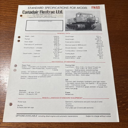 VTG 1970 Canadair Flextrac CF 110 Military Vehicle Brochure Sheet Ford Engine
