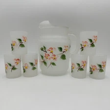 Vintage Hazel-Atlas Dogwood 40 oz Frosted Glass Pitcher and 6 Frosted 4 oz Cups