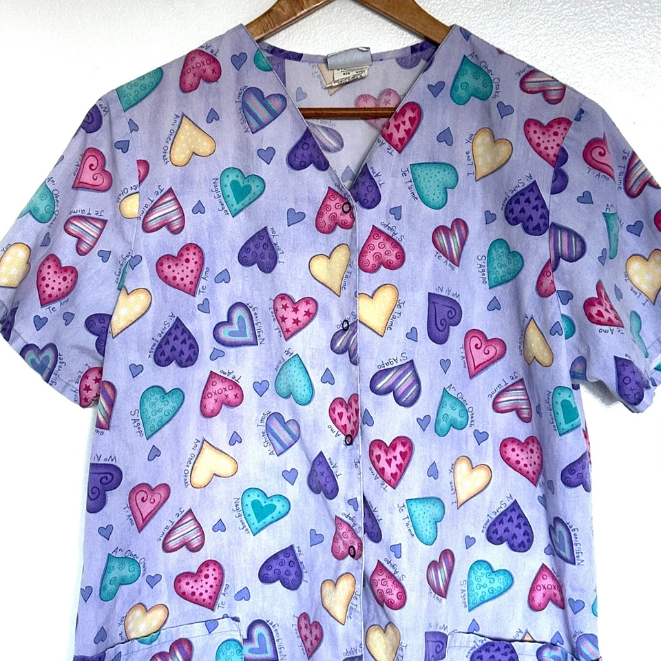 Simply Basic Scrub Top Women's Large Purple Heart Short Sleeve Pockets Snap - Image 3 of 4