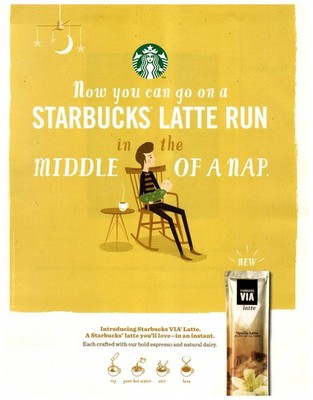 2014 Starbucks VIA Latte Print Ad character drawing rocking chair drink Vanilla
