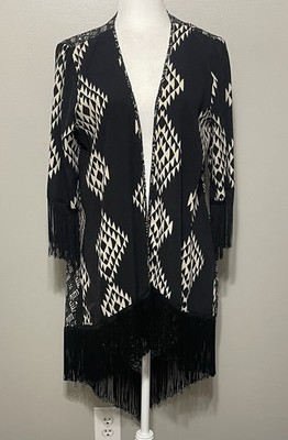 Kimono Cover Up Open Front Large Fringe High/Low Hem Geometric Southwest Resort
