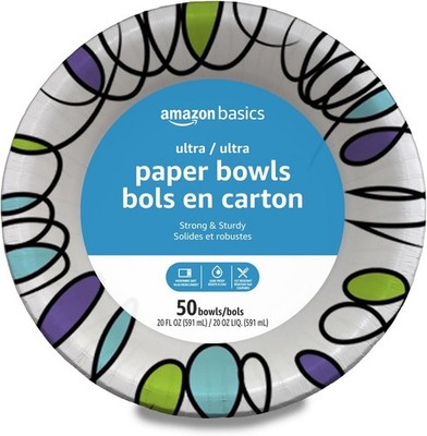 Amazon Basics Ultra Disposable Paper Bowls, 20 Oz, Microwave Safe, Soak Proof, S