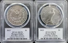 2023-P Morgan & Peace Dollar 2 Coin Set FDOI PCGS MS70 David Hall Hand Signed