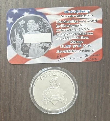 CMG Mint Fourth of July Beauty 1 Troy Oz .999 Silver PL Art Round 200 Mint W COA - Picture 3 of 3