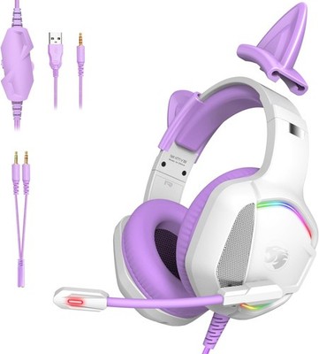 Lila Gaming Headset mit Cat Ears, RGB Licht, Mikrofon für PC, PS5, Xbox One X/S