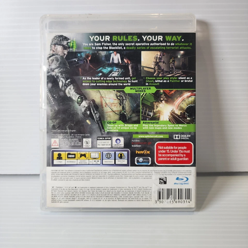 Splinter Cell Blacklist PS3 Playstation 3 PAL No Manual Ubisoft - Image 2 of 4